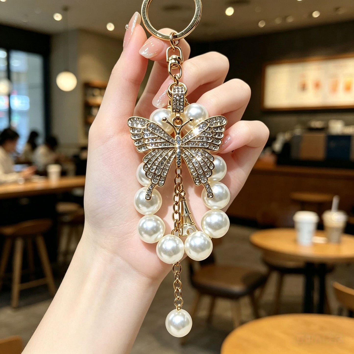 Butterfly Bling Keychain – Pearl & Crystal Diamond Accent Charm