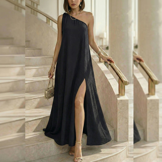 Color Block Slit Maxi Dress – Resort Style Single Shoulder Dress