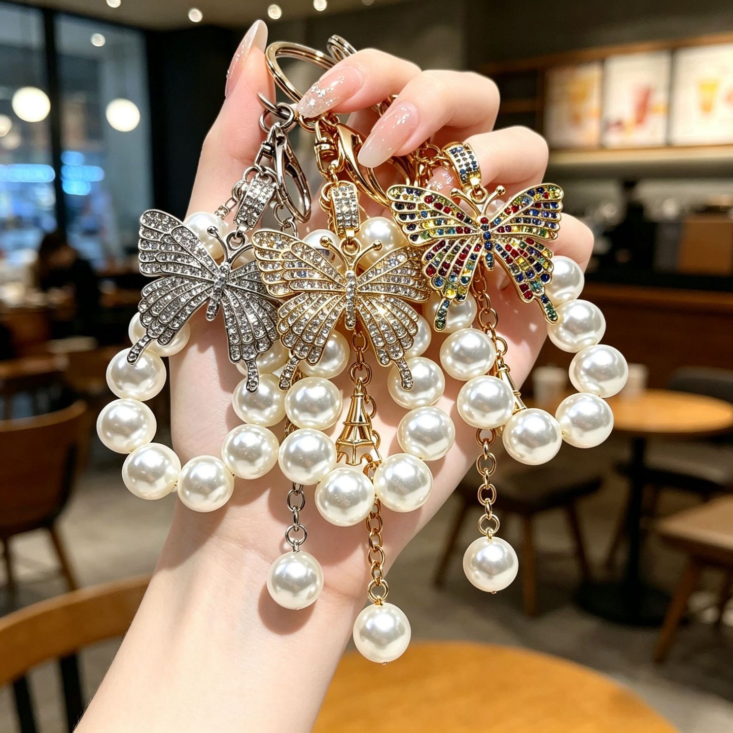 Butterfly Bling Keychain – Pearl & Crystal Diamond Accent Charm