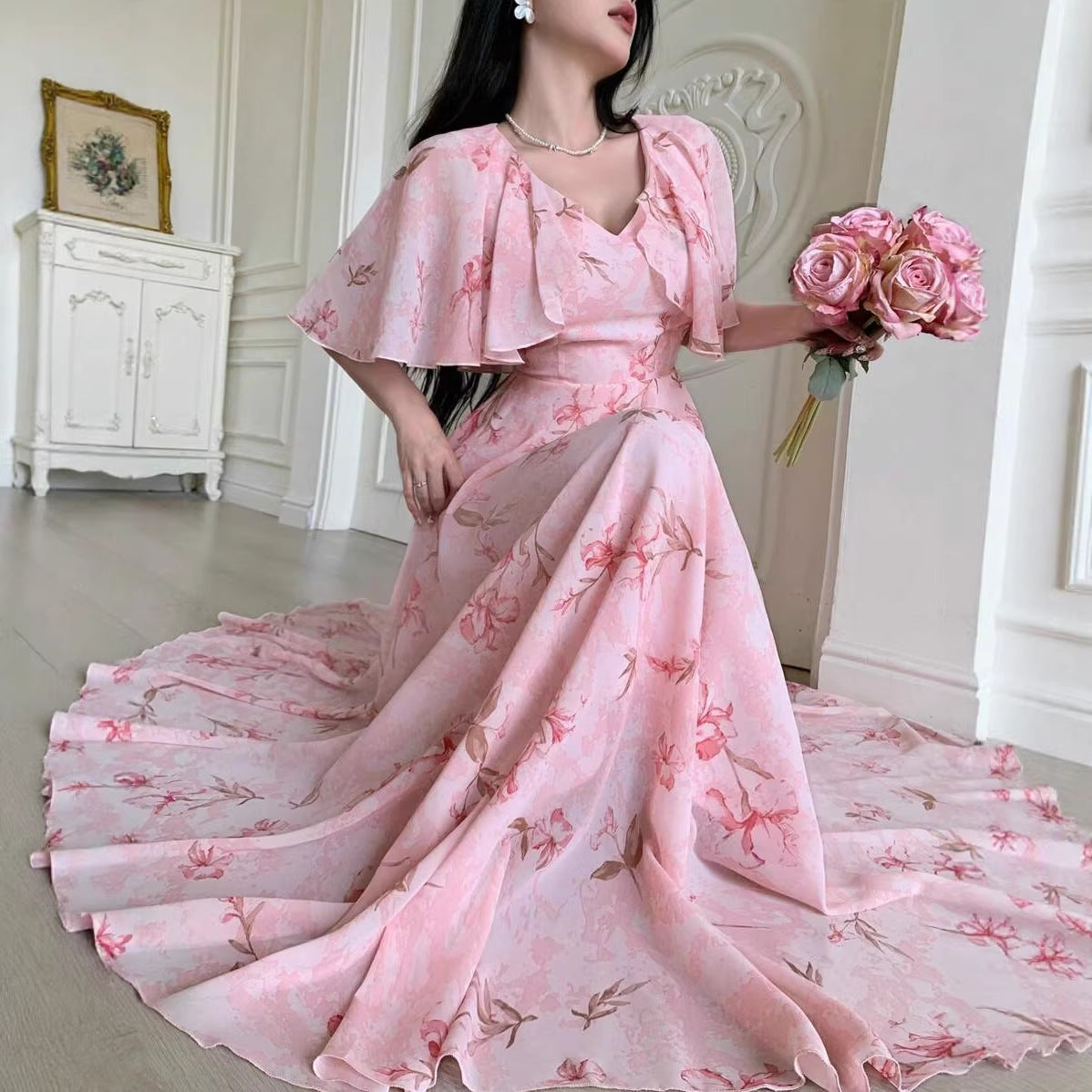 Pink Floral Chiffon Dress – Breezy Summer Womens Dress