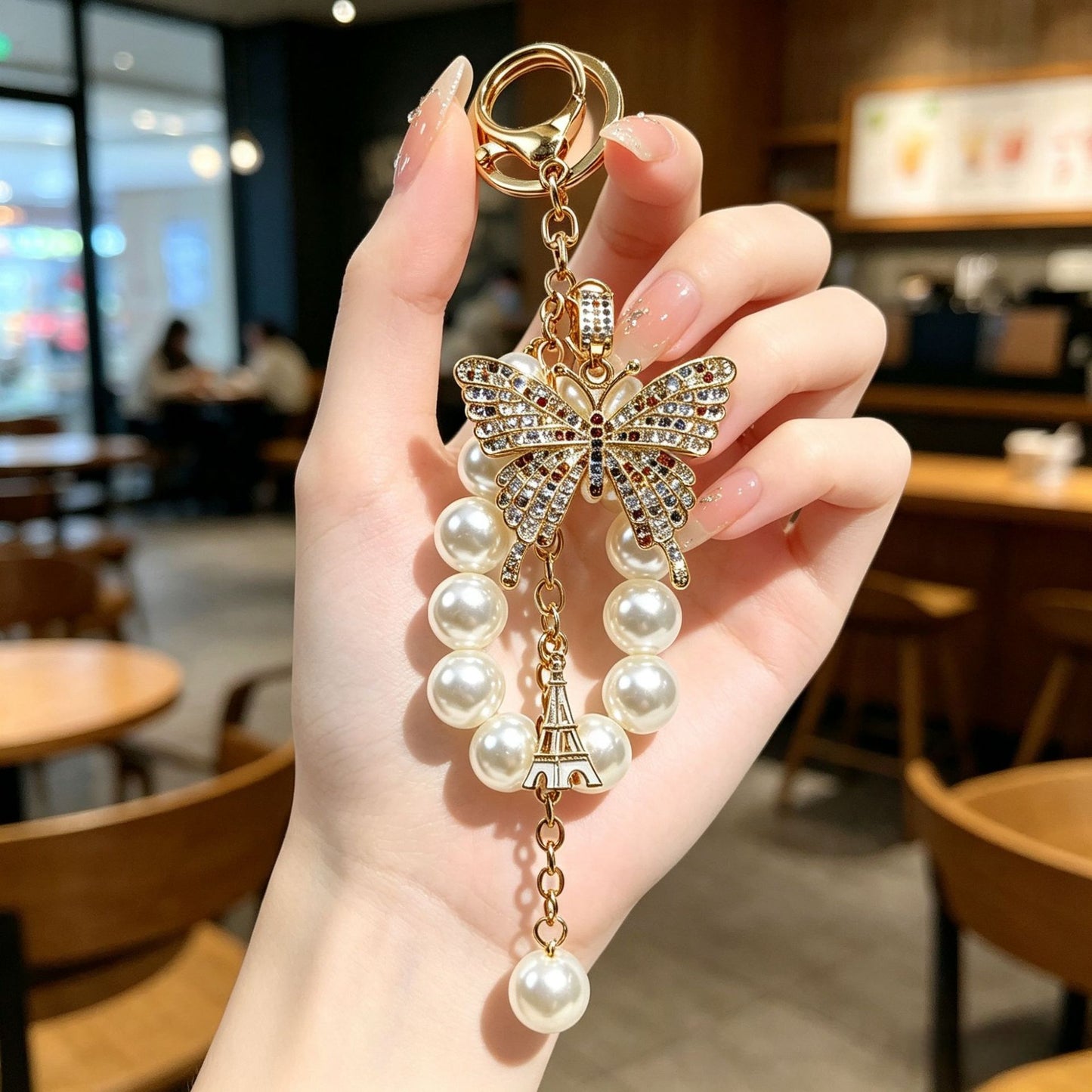 Butterfly Bling Keychain – Pearl & Crystal Diamond Accent Charm
