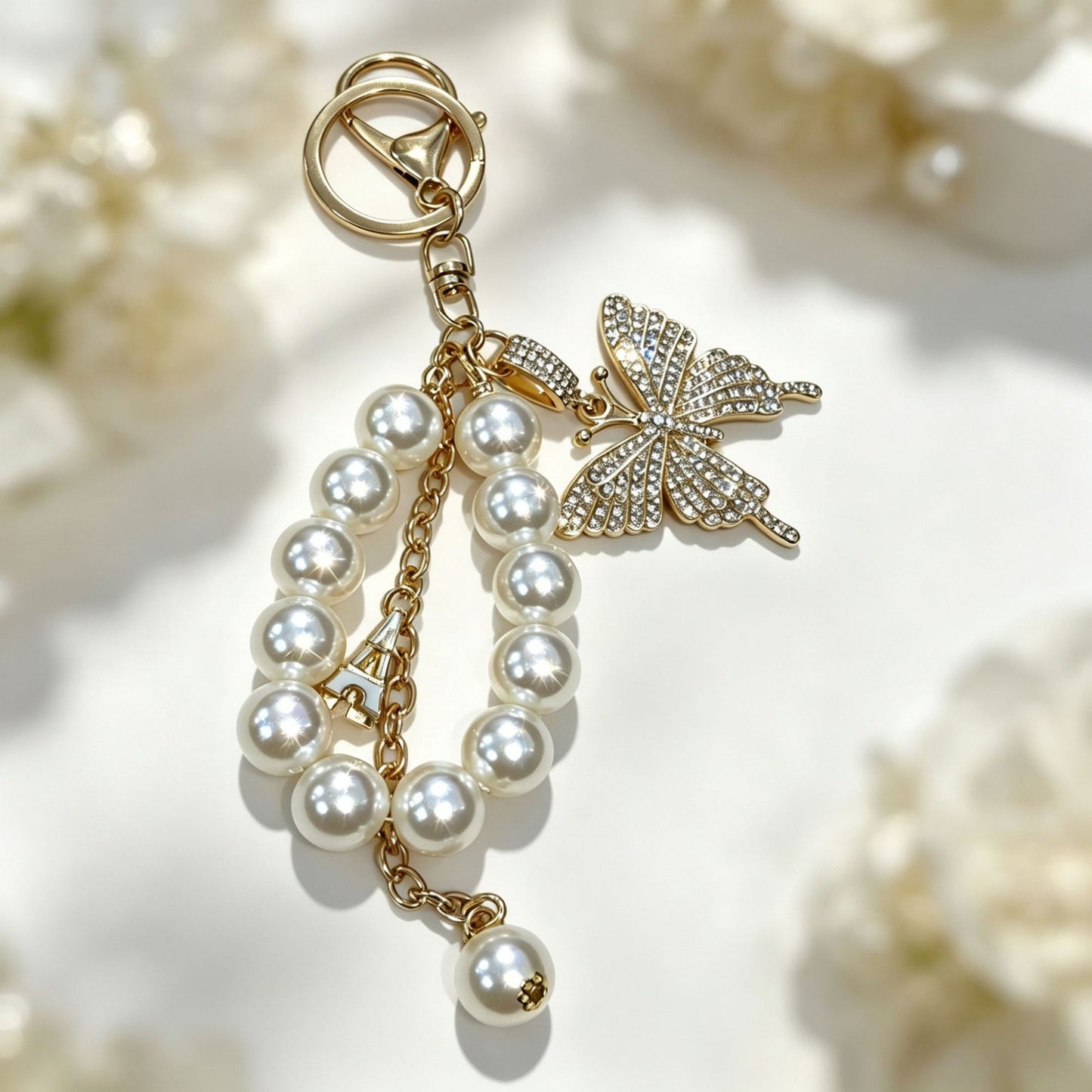 Butterfly Bling Keychain – Pearl & Crystal Diamond Accent Charm