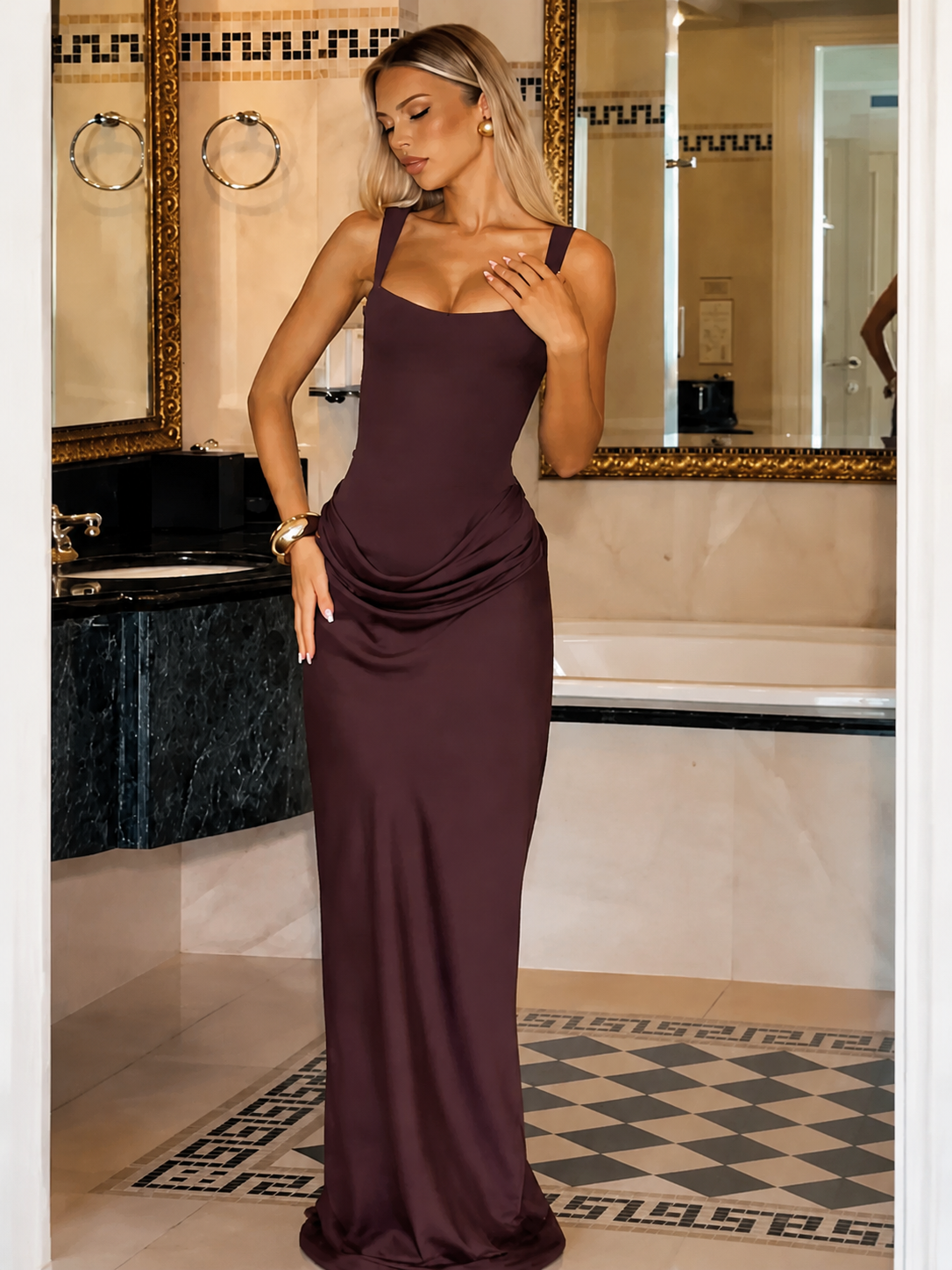 Elegance Maxi Gown - Square Neck Pleated