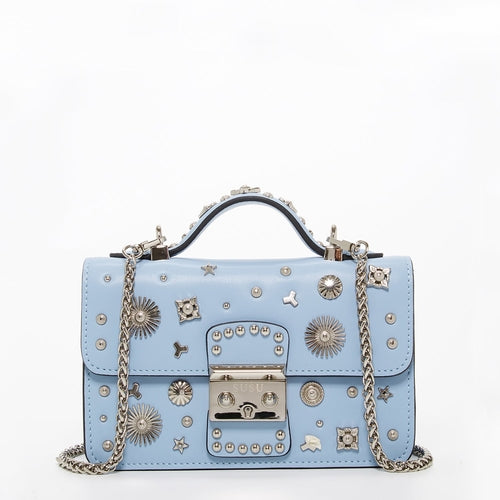 Amethyst Mnemosyne Studded Mini Crossbody – Sky Blue Leather Bag