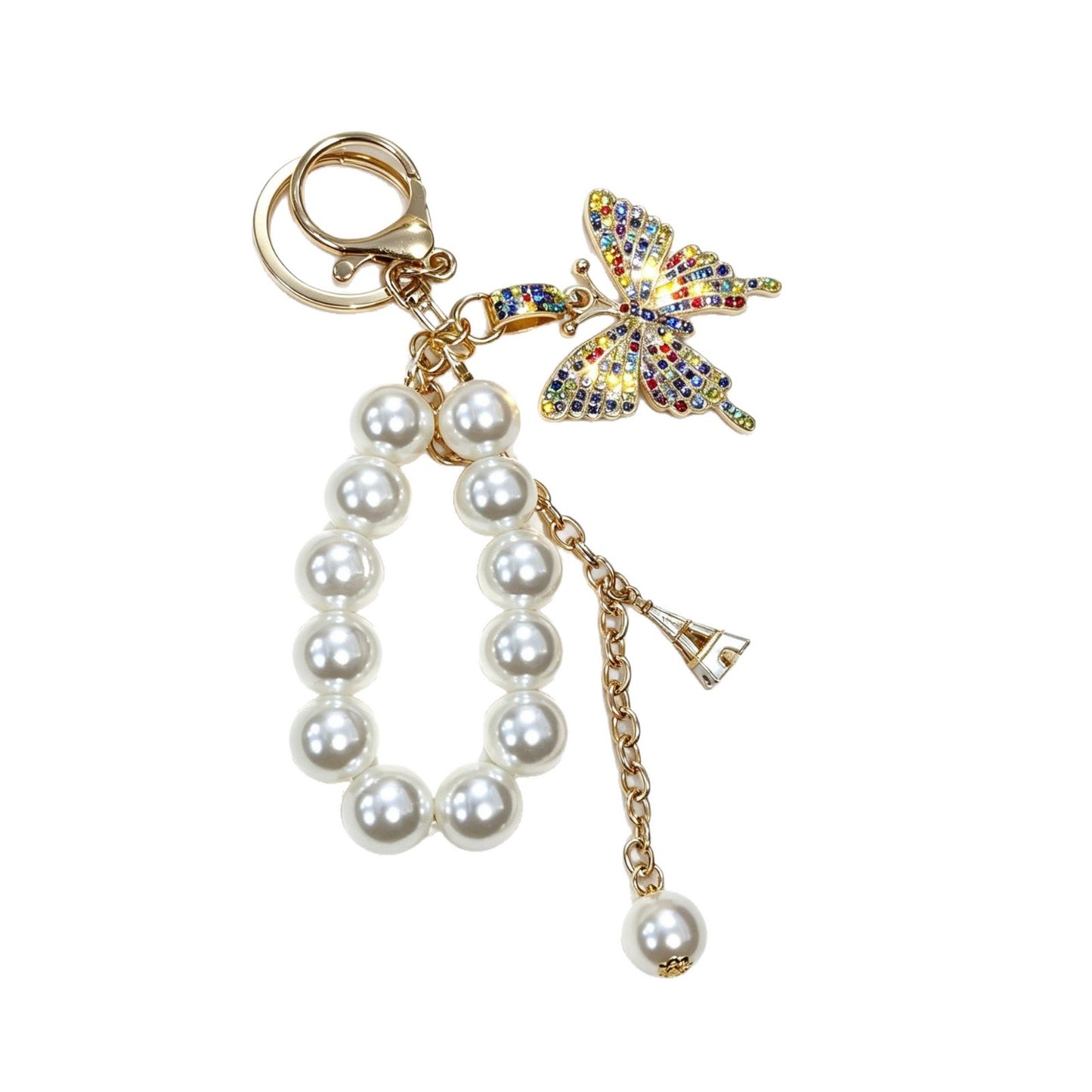 Butterfly Bling Keychain – Pearl & Crystal Diamond Accent Charm