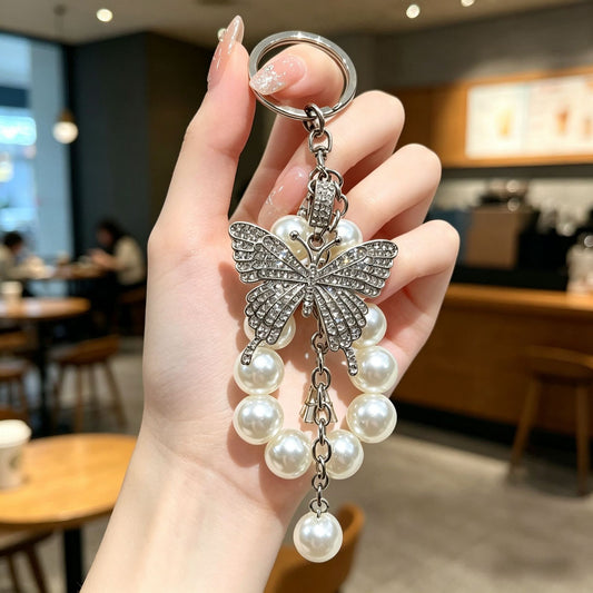 Butterfly Bling Keychain – Pearl & Crystal Diamond Accent Charm