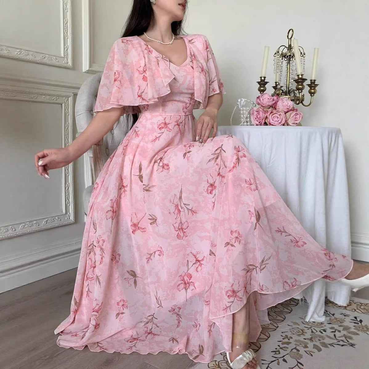 Pink Floral Chiffon Dress – Breezy Summer Womens Dress